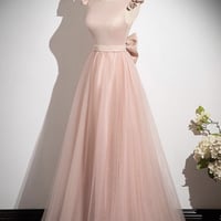 Pink Satin Tulle Long A-Line Prom Party Dress - Thumbnail 1