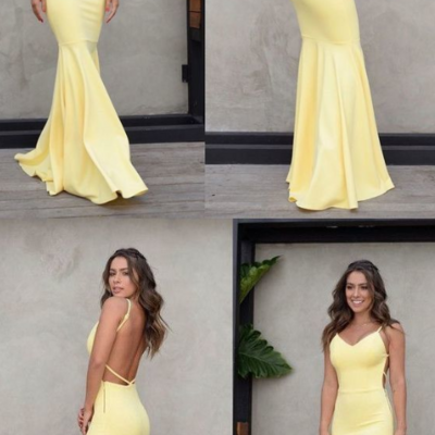 Charming spaghetti straps yellow satin backless prom dresses - Thumbnail 1