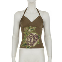 Retro print design drawstring halter neck backless vest - Thumbnail 1