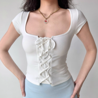 Lace-up design square neck short-sleeved T-shirt women's top - Thumbnail 3