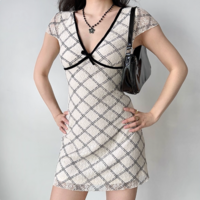 Sexy Deep V Neck Lace Plaid Short Sleeve Dress - Thumbnail 6