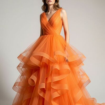 Orange ball gown tiered prom dresses evening gowns formal party gowns - Thumbnail 1
