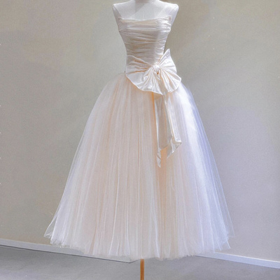 Champagne tulle tea length prom party dress