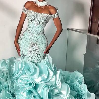 Green mermaid beading crystals tiered african girls prom dresses evening gowns formal party gowns - Thumbnail 1