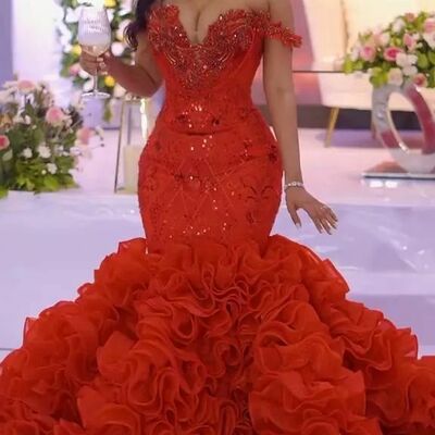 Red mermaid sequins tiered beading crytals african girls prom dresses evening gowns formal party gowns - Thumbnail 3
