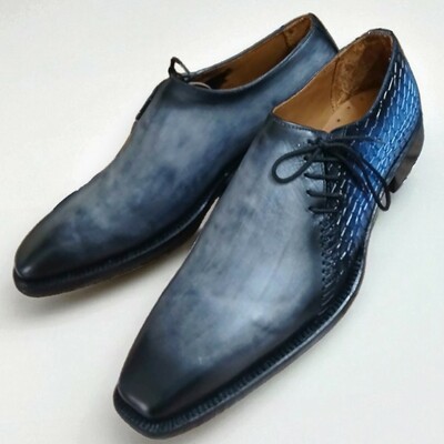 Crafted leather handmade classic gray patina blue crocodile/alligator leather side laces dress shoes