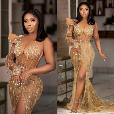 Champagne mermaid sequins lace african girls prom dresses evening gowns formal party gowns - Thumbnail 1