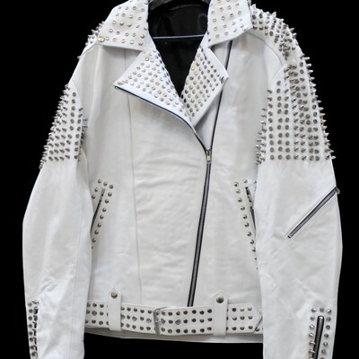 Crafted leather handmade white color biker real leather studded jackets 
