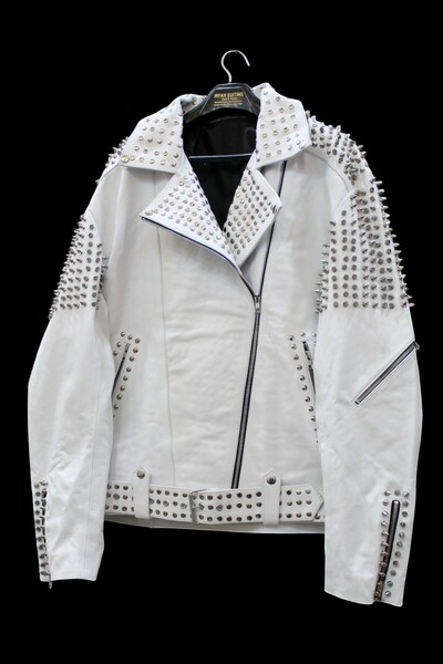 Crafted Leather Handmade White Color Biker Real Leather Studded Jackets 
