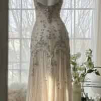 A Line Straps Ivory Chiffon Long Prom Dress With Beaded  - Thumbnail 1