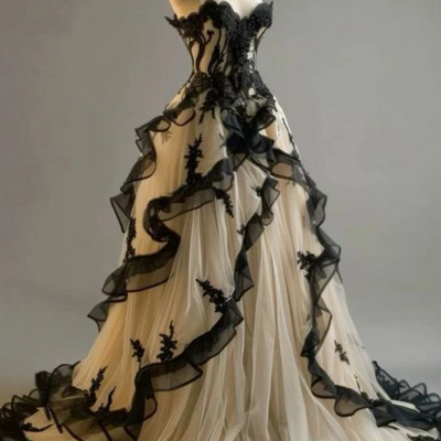 Vintage mermaid sweetheart black tulle ruffles evening dress - Thumbnail 1