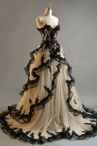 Vintage Mermaid Sweetheart Black Tulle Ruffles Evening Dress