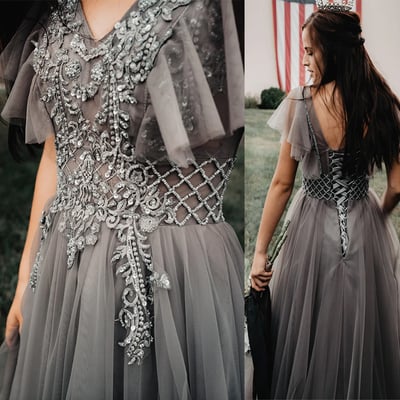 Grey prom dresses full length with appliques pears