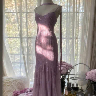 Elegant spaghetti strap purple tulle sequin prom dress