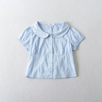 Doll collar shirt solid color age-reducing puff sleeve waist tie short blouse - Thumbnail 2