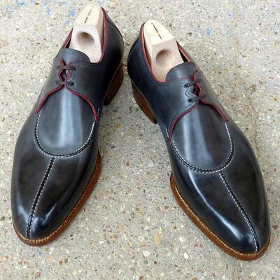 Handmade Black Leather Men’s Wholecut Oxford Shoes with Red Piping Formal Dress Shoes for Wedding, Party & Office