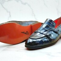 Crafted Leather Classic Blue Crocodile/Alligator Leather Double Monk Strap Loafers Dress Shoes - Thumbnail 1