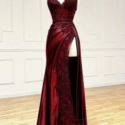 A line v neck wine red satin lace long prom dresses - Thumbnail 1