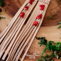 Beige Leather Earrings w/Bamboo Coral - Thumbnail 1