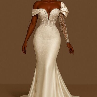 Simple wedding dress, mermaid lace off the shoulder african girls bridal dress bridal gown - Thumbnail 1