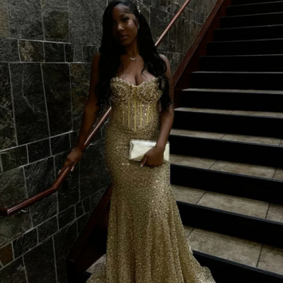 Sweetheart gold sequin mermaid long prom dress