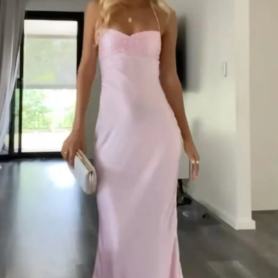 Simple a line floor length pink evening party dresses - Thumbnail 1