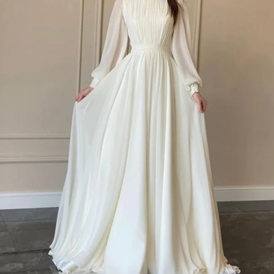 Elegant modest white a-line long sleeves prom dress - Thumbnail 1