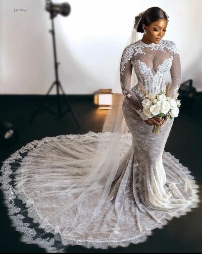 Elegant Wedding Dress, Mermaid Long Sleeve Lace Polka Dots African Girls Bridal Dress Bridal Gown