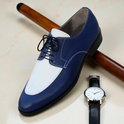 Crafted leather men classic blue white leather dress shoes