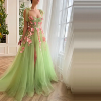 Luxury Green Tulle French Slit Evening Dress with Elegant Detailing - Thumbnail 3