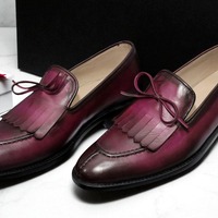Crafted Leather Classic Men Purple Patina Leather Tassel Loafers Dress Shoes - Thumbnail 1