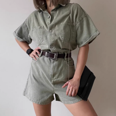 Fashionable and simple short denim jumpsuit - Thumbnail 1