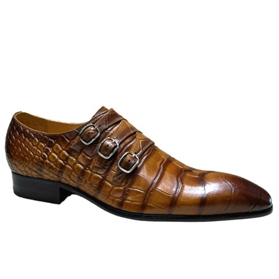 Men's embossed trendy three-buckle leather shoes 2 colors - Thumbnail 3