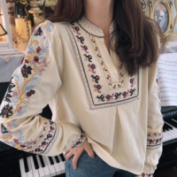 V-neck heavily embroidered shirt with printed embroidery and long sleeves - Thumbnail 8