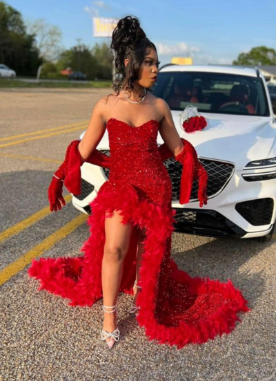 Elegant Red Sequin Long Prom Dresses with Slit