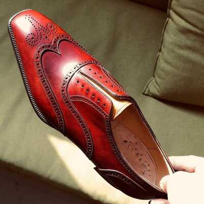 Handmade men's premium edition formal look wingtip style maroon wedding shoes for mens