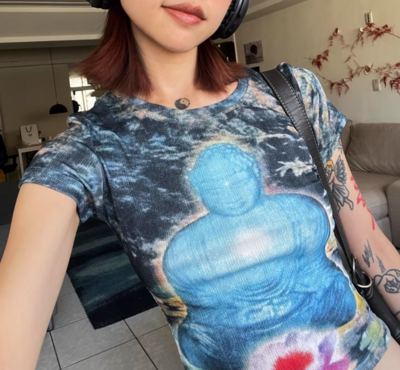 Retro Hot Girl Lotus Print Navel-Exposed Sexy Slim-Fit Top