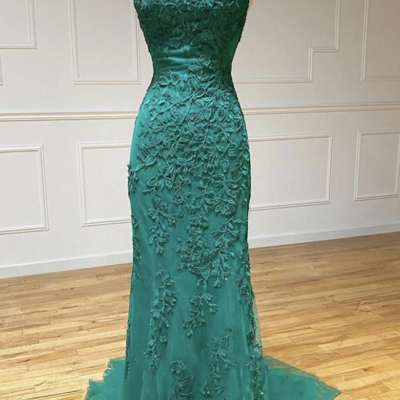 Spaghetti strap green lace tulle long mermaid prom dresses - Thumbnail 2
