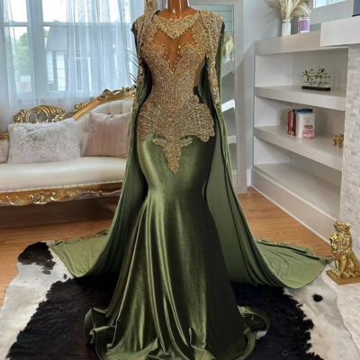 Vintage luxury olive green prom dresses with beading - Thumbnail 1