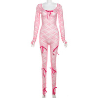 Sexy See-Through Hollow High-Waisted Jacquard Tight Long-Sleeved Lace Jumpsuit - Thumbnail 3