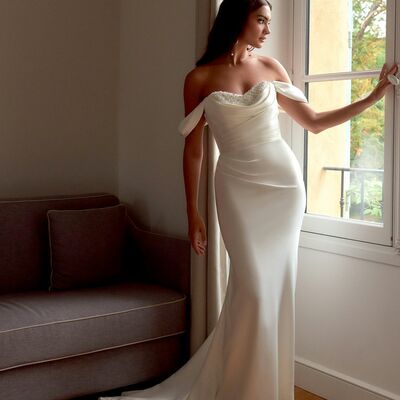Sexy wedding dress, mermaid satin beading beach boho bridal dress bridal gown - Thumbnail 1