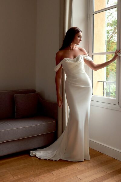 Sexy Wedding Dress, Mermaid Satin Beading Beach Boho Bridal Dress Bridal Gown