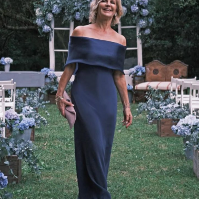 Sheath off the shoulder navy blue mother of the bride dress - Thumbnail 1