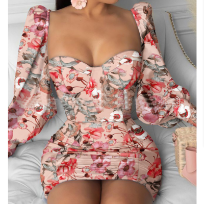 Temperament printed tight long sleeve dress