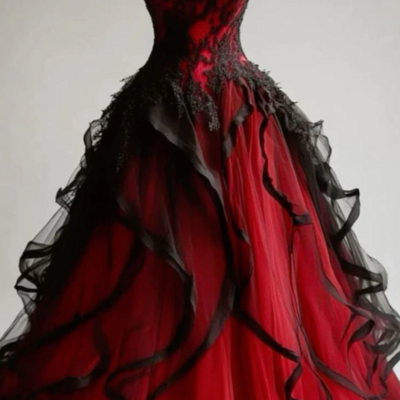 Chic black sleeveless red wedding dresses ruffles lace appliques bridal gowns - Thumbnail 1