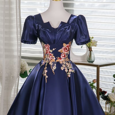 Navy satin short prom dress, a-line short sleeve evening party dress