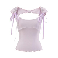 Bowknot Square Neck Hollow Short Sleeve T-Shirt + Lace Halter - Thumbnail 1
