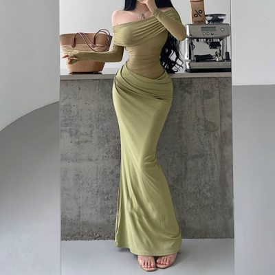 Mesh splicing one-shoulder dress pleated hollow hip long skirt - Thumbnail 1