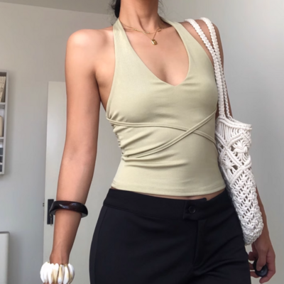 Sexy u-neck cross-ties short slim fit outerwear halter neck vest - Thumbnail 1