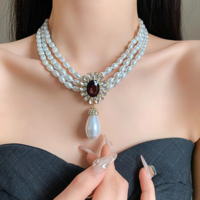 Elegant French Style Flower Inlaid Rhinestone Drop Pearl Necklace & Earring Set - Thumbnail 1